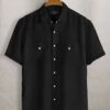European Black Linen Western Style Shirt 1 European Black Linen Western Style Shirt -Elite Attire Store europeanblklinenwesternstyleshirtlook