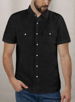 European Black Linen Western Style Shirt -Elite Attire Store europeanblklinenwesternstyleshirtlook 1