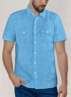 European Blue Linen Western Style Shirt -Elite Attire Store europnbluelinenweststyleshirtlk 1