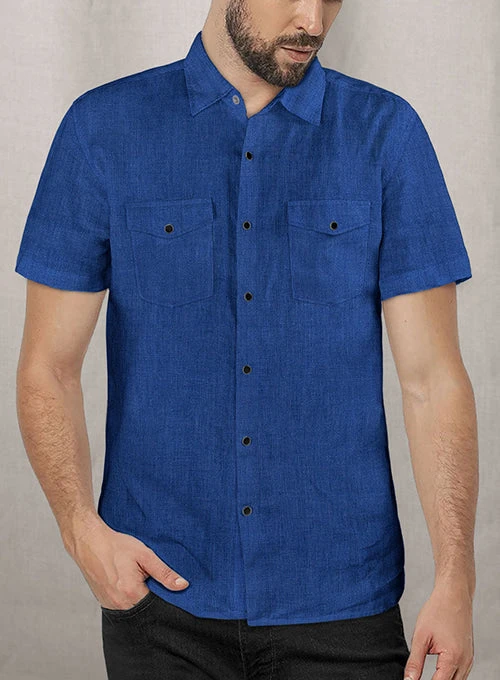 European Sapphire Blue Linen Western Style Shirt 5 European Sapphire Blue Linen Western Style Shirt - Image 3