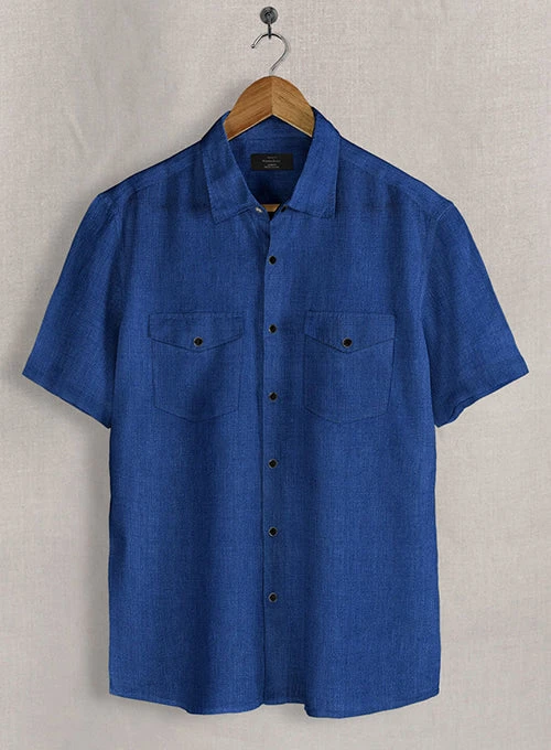 European Sapphire Blue Linen Western Style Shirt 3 European Sapphire Blue Linen Western Style Shirt