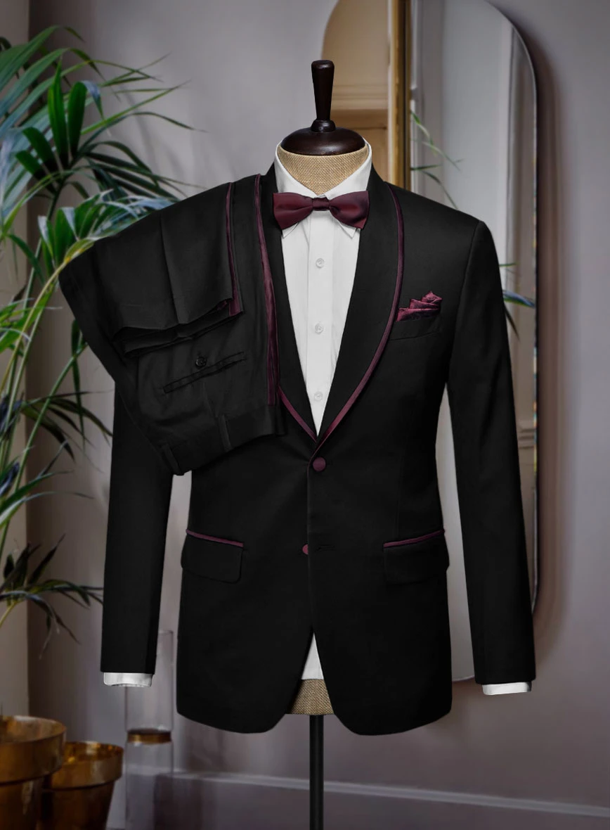Italian Style Black Wool Tuxedo Suit - Wine Satin Trim II 3 Italian Style Black Wool Tuxedo Suit - Wine Satin Trim II