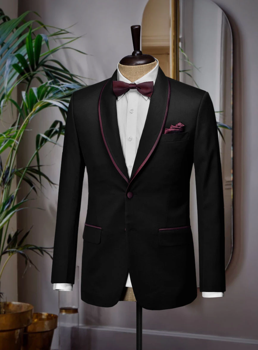 Italian Style Black Wool Tuxedo Suit - Wine Satin Trim II 4 Italian Style Black Wool Tuxedo Suit - Wine Satin Trim II - Image 2