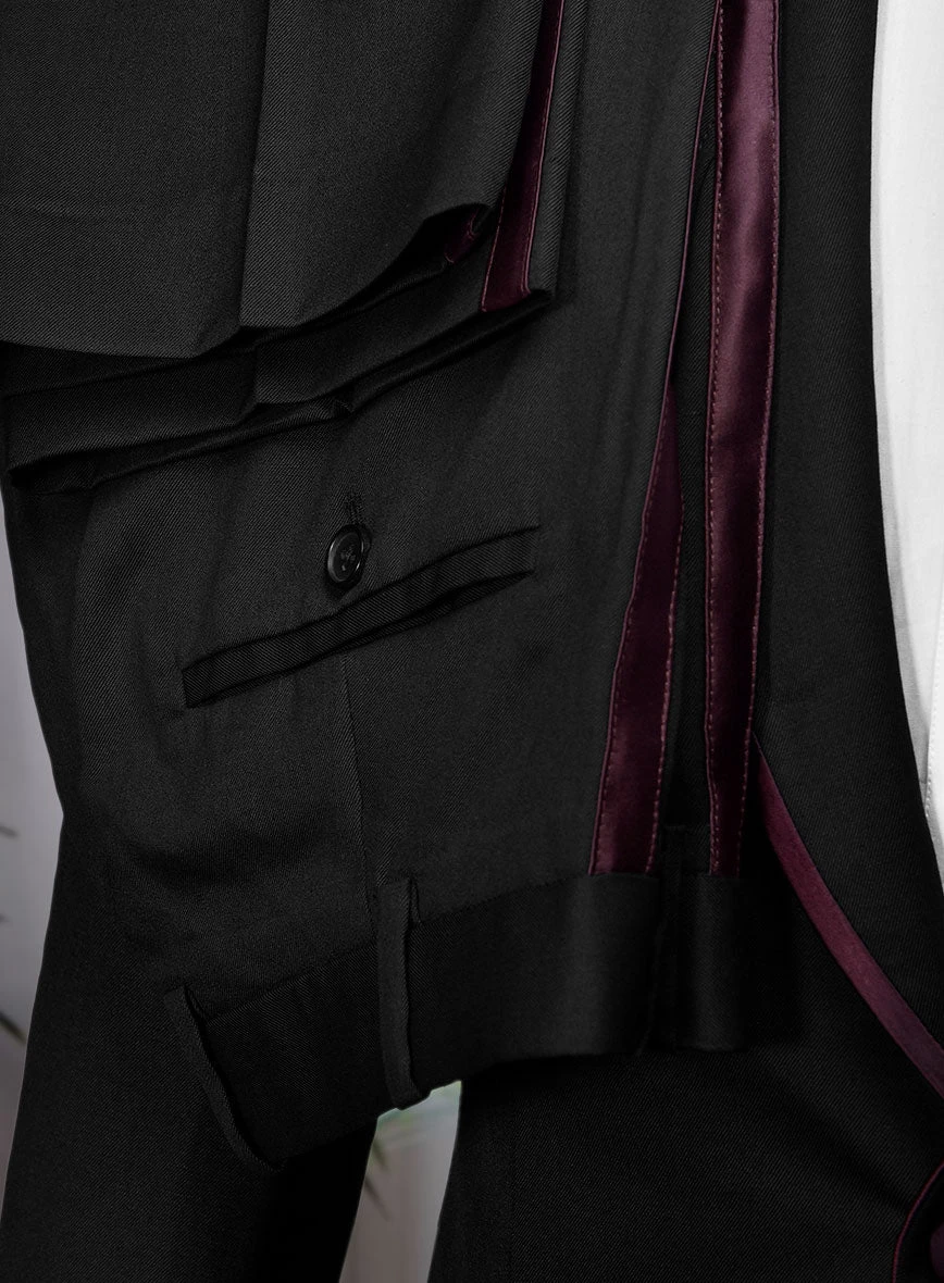 Italian Style Black Wool Tuxedo Suit - Wine Satin Trim II 9 Italian Style Black Wool Tuxedo Suit - Wine Satin Trim II - Image 7