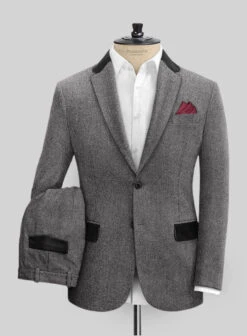 Vintage Herringbone Gray Tweed Suit - Leather Trims