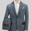Vintage Herringbone Blue Tweed Suit - Leather Trims