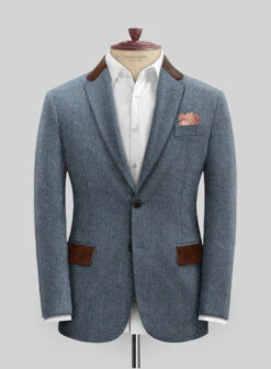 Vintage Herringbone Blue Tweed Suit - Leather Trims -Elite Attire Store vintblueherringleathsuitlook 2